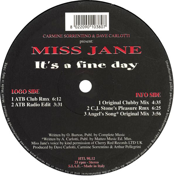 (2253) Carmine Sorrentino & Dave Carlotti Present: Miss Jane ‎– It's A Fine Day