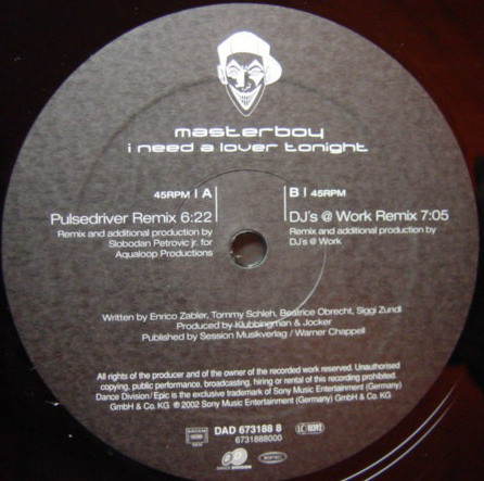 (RIV217) Masterboy ‎– I Need A Lover Tonight (Vinyl 2)