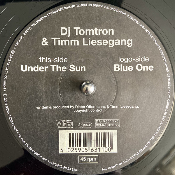 (R261) DJ Tomtron & Timm Liesegang ‎– Under The Sun / Blue One
