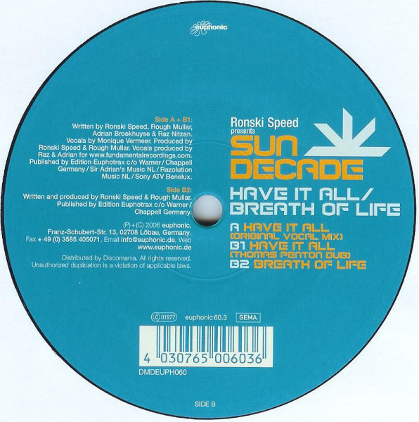 (30712) Ronski Speed Presents Sun Decade ‎– Have It All / Breath Of Life