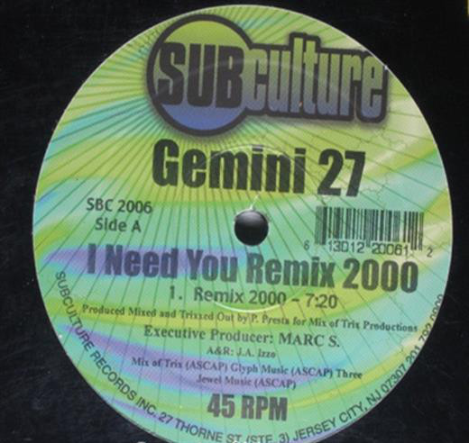 (RIV582) Gemini 27 ‎– I Need You Remix 2000